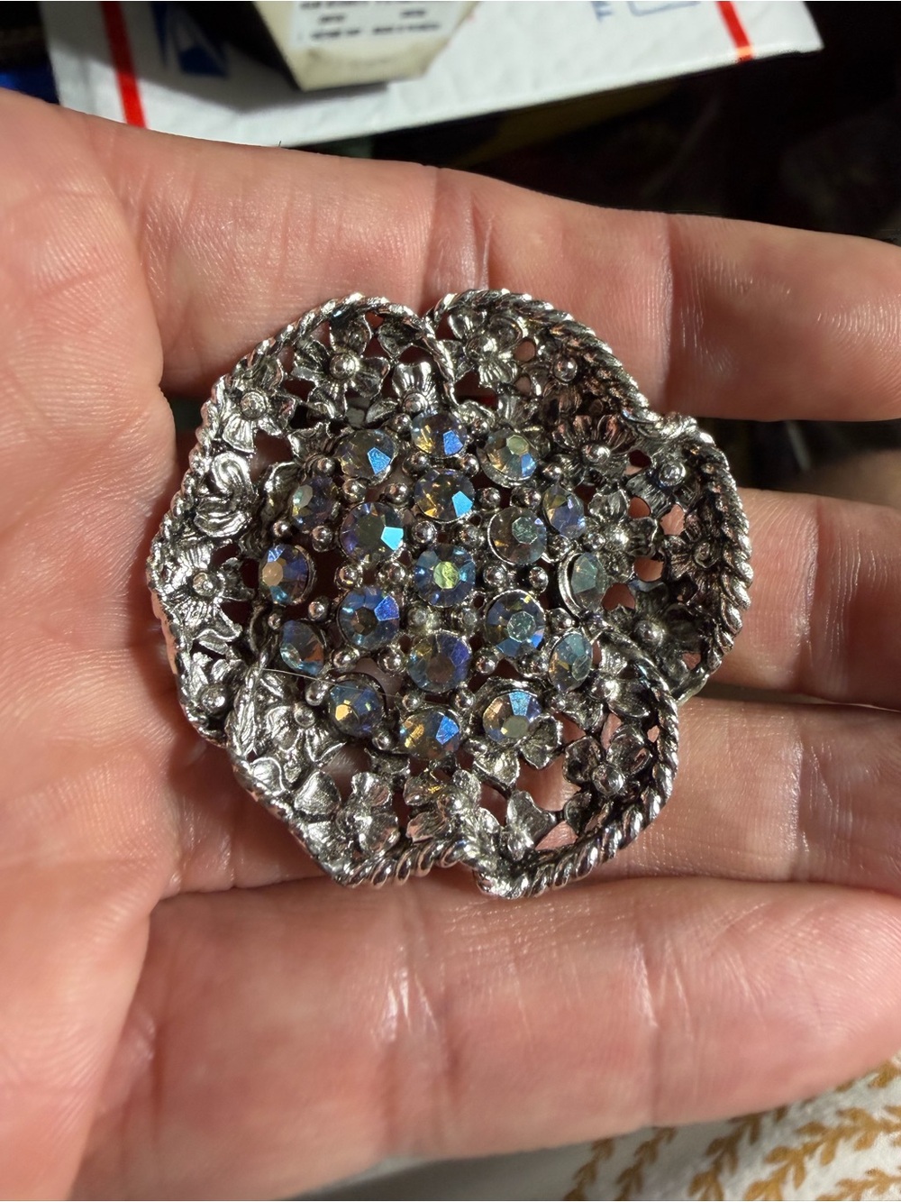 vintage silver-tone blue aurora borealis floral brooch
